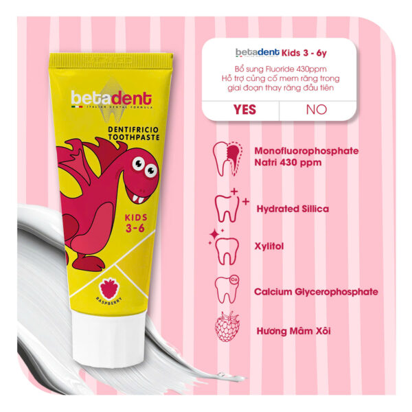 Kem đánh răng trẻ em BETADENT KIDS 3-6 tuổi hương Mâm xôi 75ml - Ảnh 3