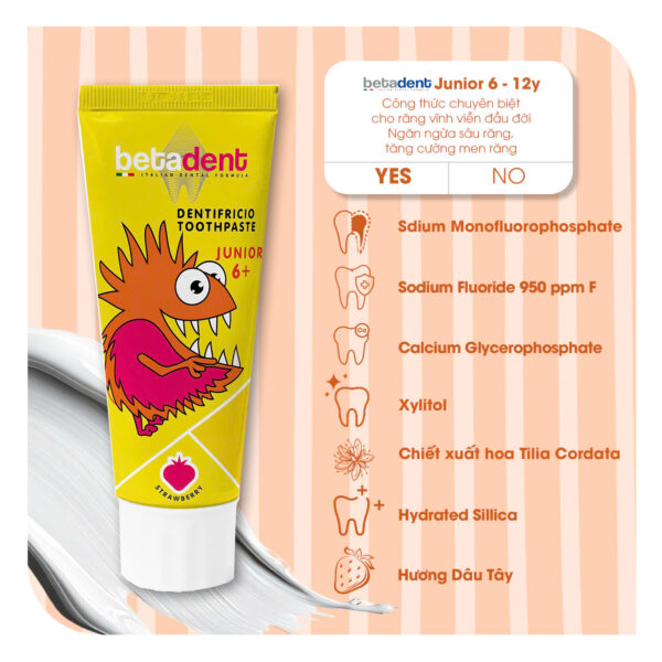 Kem đánh răng trẻ em BETADENT JUNIOR 6Y+ hương Dâu 75ml - Ảnh 3